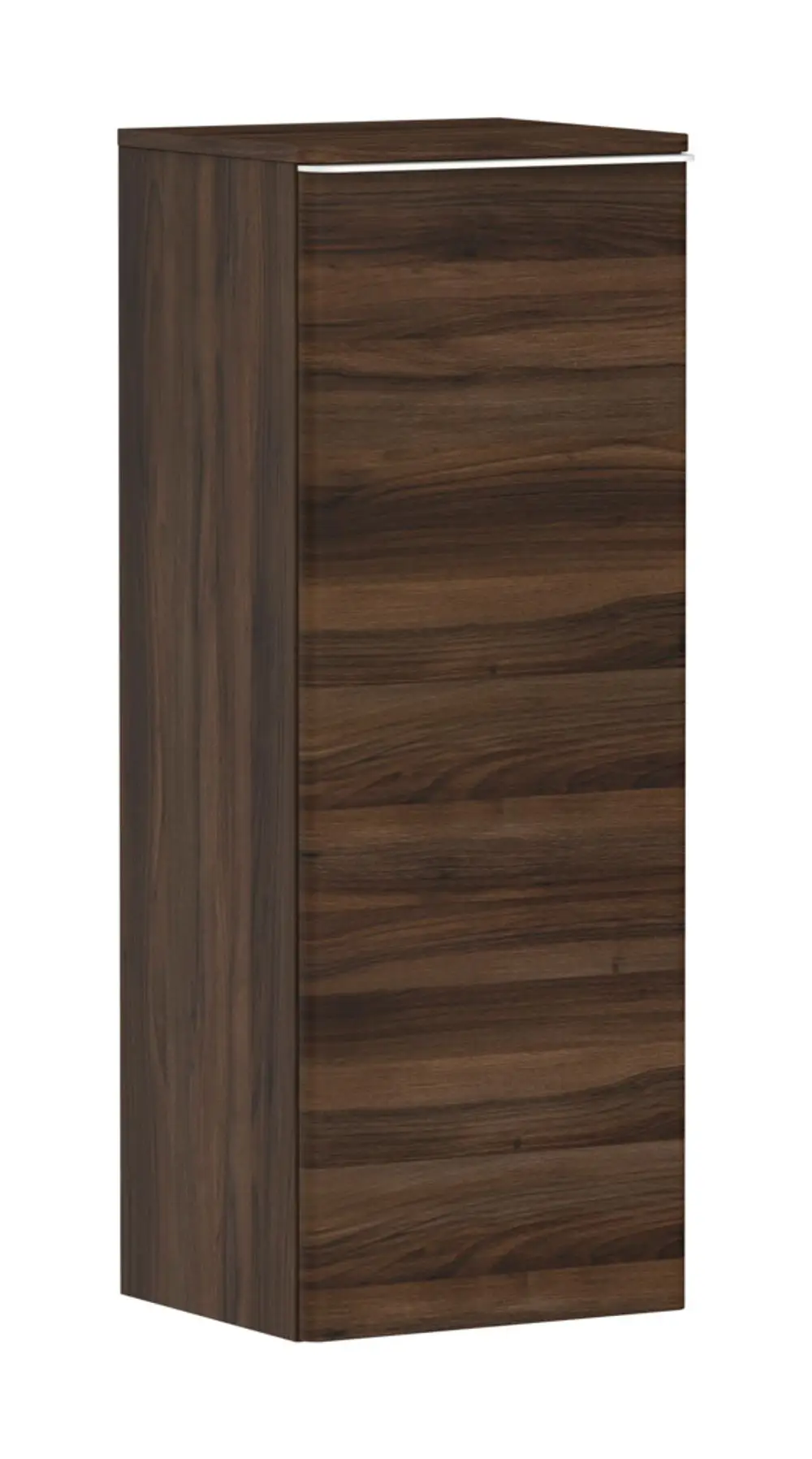 Heller, schmaler Hochschrank aus Holz mit dunkelbrauner Oberflächenstruktur, mit einem Türanschlag auf der linken Seite, gefertigt von Hansgrohe.